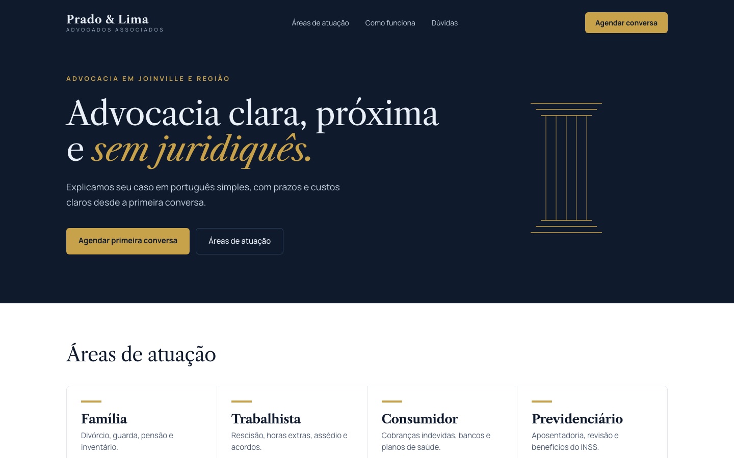 Página inicial do site Prado & Lima Advogados